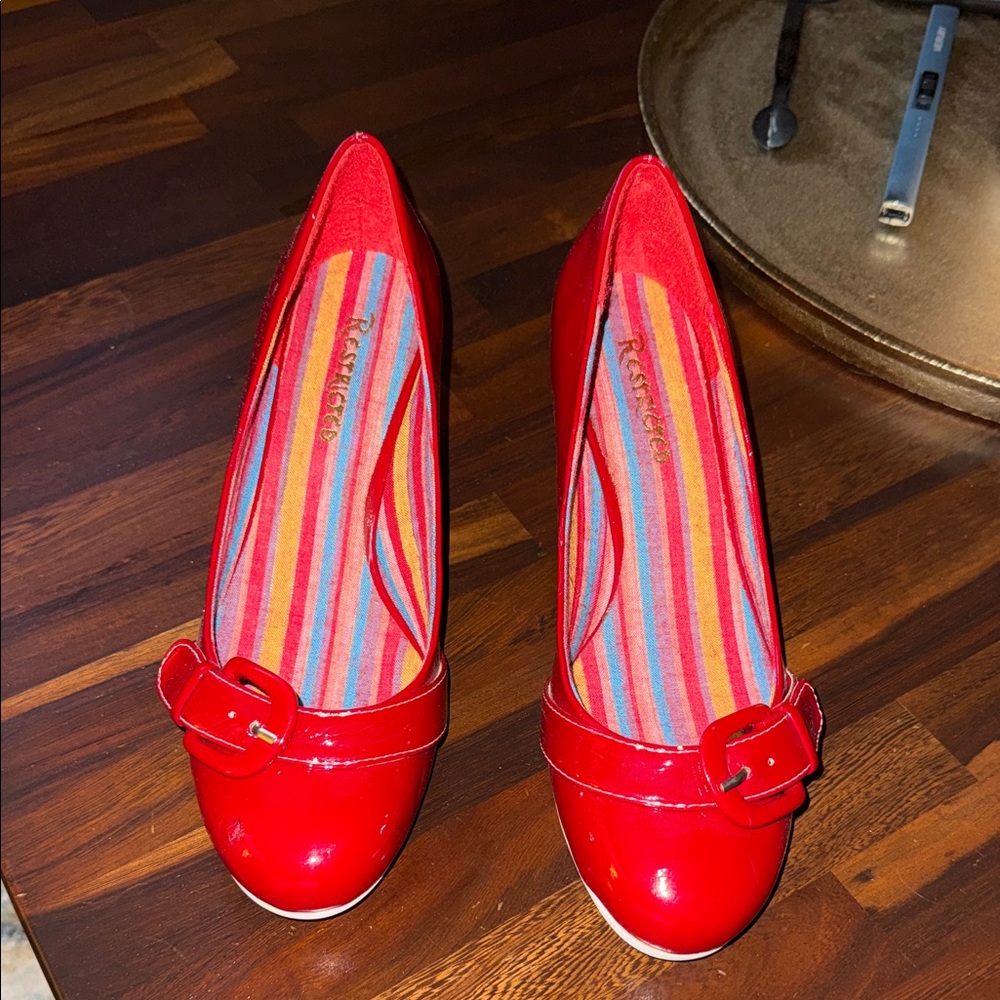 Restricted Red Patent Wedge Ballet Flats with Buckle Detail